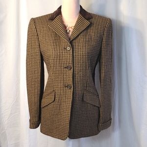 Ralph Lauren Vntg Brown Olive Houndstooth Silk Wool Blazer Size 4